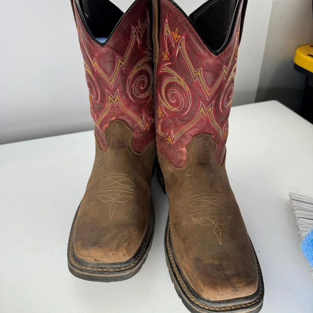 Georgia Boot Carbo Tec Western Work Boot Kids 6.5M Brown Red Pull On Square‎ Toe